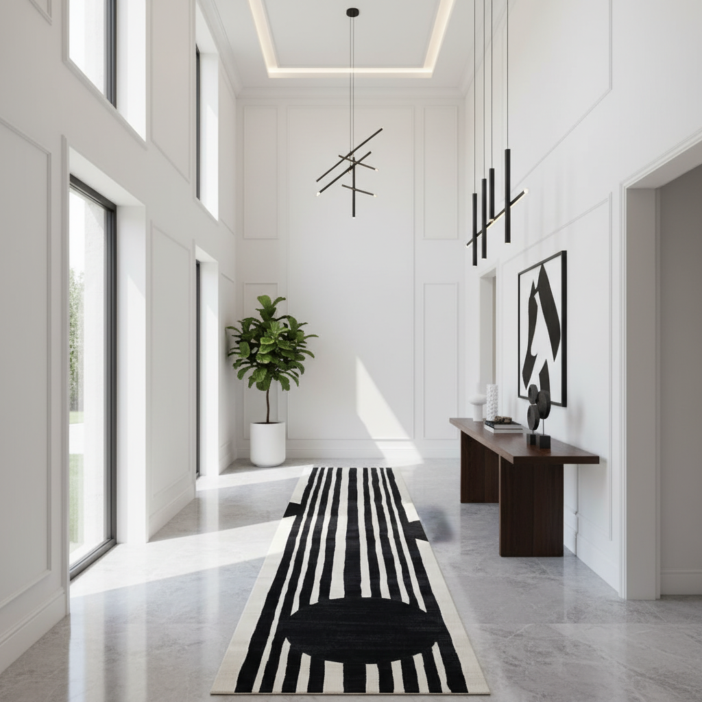 Modern interior with a black and white striped rug, plant, and minimal furniture.