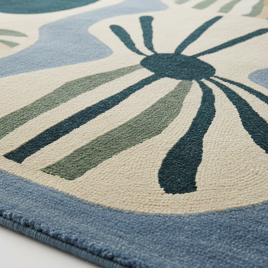 Close-up of a blue and green patterned rug with abstract design