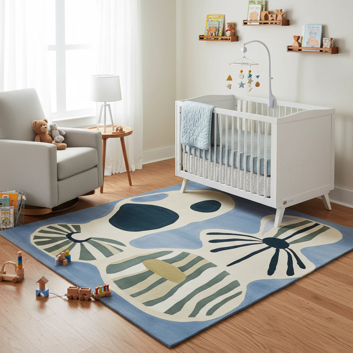 Nursery room with a crib, chair, and toys on a floral rug.