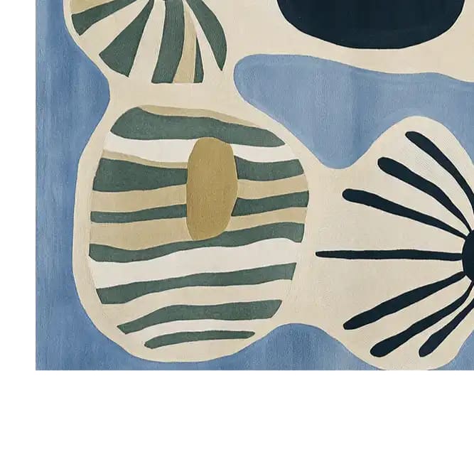 A beautifully designed area rug featuring an abstract pattern with organic shapes in shades of blue, green, and beige. This hand-tufted wool rug adds a modern artistic flair to living room spaces, making it a perfect choice for those seeking stylish living room area rugs.