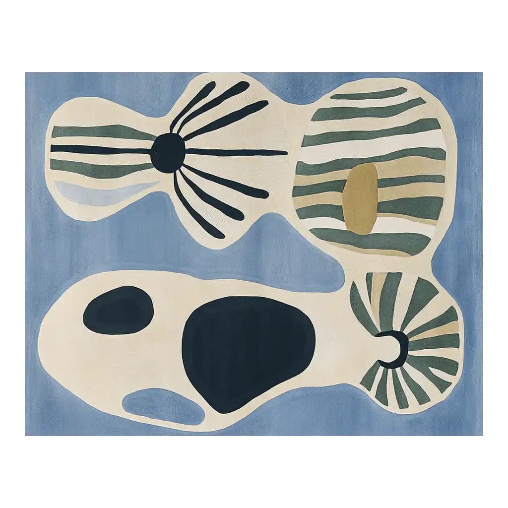 A vibrant Blossom Symphony Hand Tufted Wool Rug featuring an abstract design with organic shapes in black, green, and cream on a soft blue background. Ideal for enhancing living room spaces, this area rug exemplifies modern elegance, making it a perfect choice for rugs for living room decor.