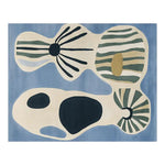 A vibrant Blossom Symphony Hand Tufted Wool Rug featuring an abstract design with organic shapes in black, green, and cream on a soft blue background. Ideal for enhancing living room spaces, this area rug exemplifies modern elegance, making it a perfect choice for rugs for living room decor.