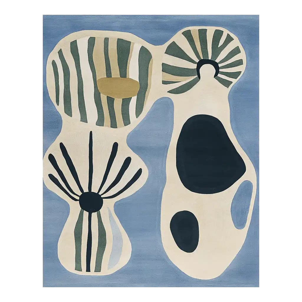 A unique abstract area rug, perfect for living room decor, featuring a blend of blue, green, and beige tones with geometric and organic shapes. This hand-tufted wool rug adds a touch of modern artistry to any space, ideal for those seeking stylish living room area rugs.