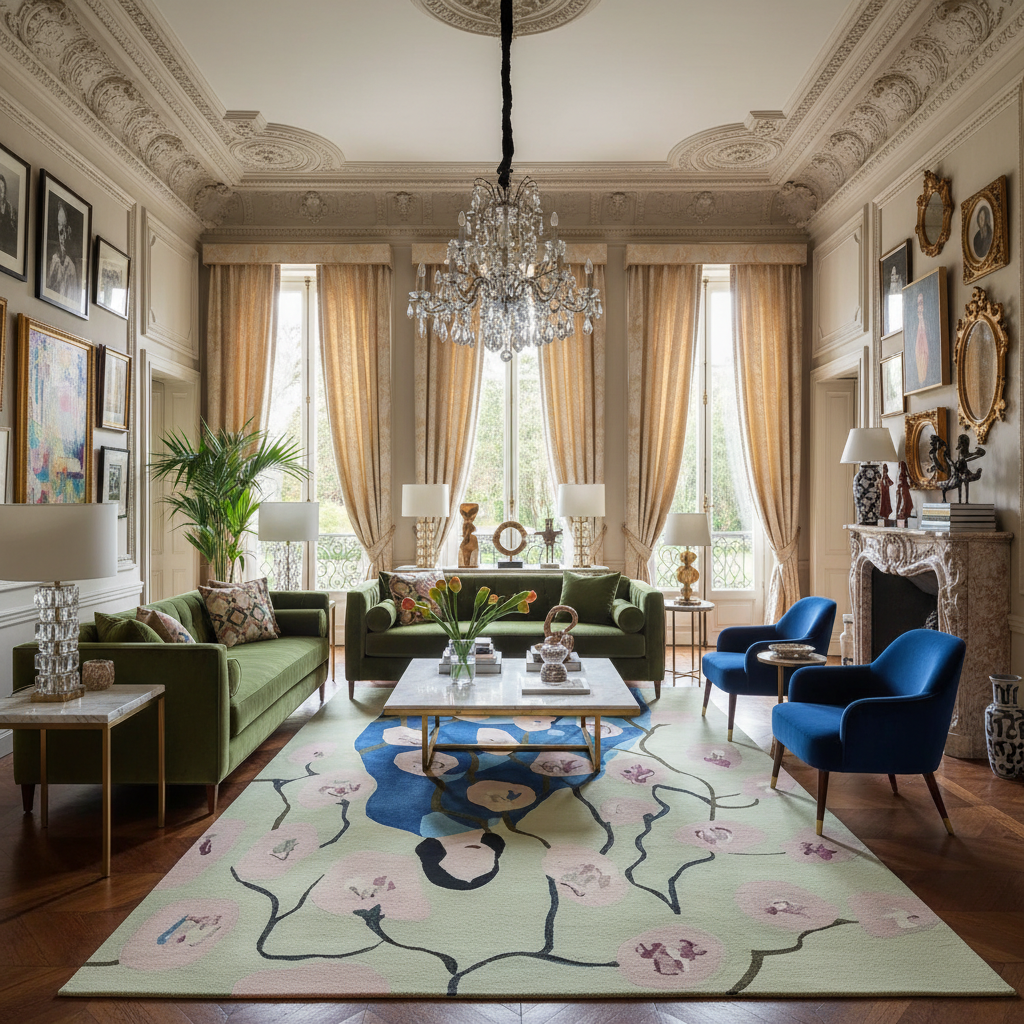 Luxurious living room with green sofas, blue chairs, and a floral rug.