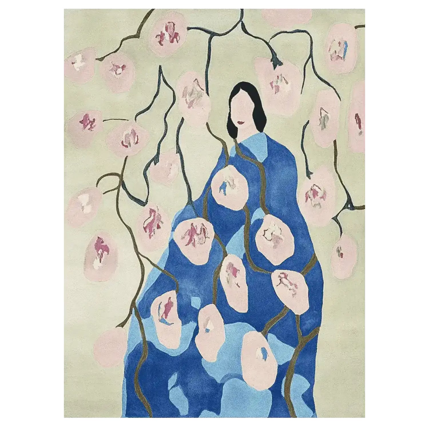 The Blossom Veil Muse Hand Tufted Rug features a captivating design with abstract floral patterns and a figure in shades of blue and pink. This contemporary wool area rug is perfect for enhancing large living room spaces with its artistic appeal, adding a touch of elegance and comfort.