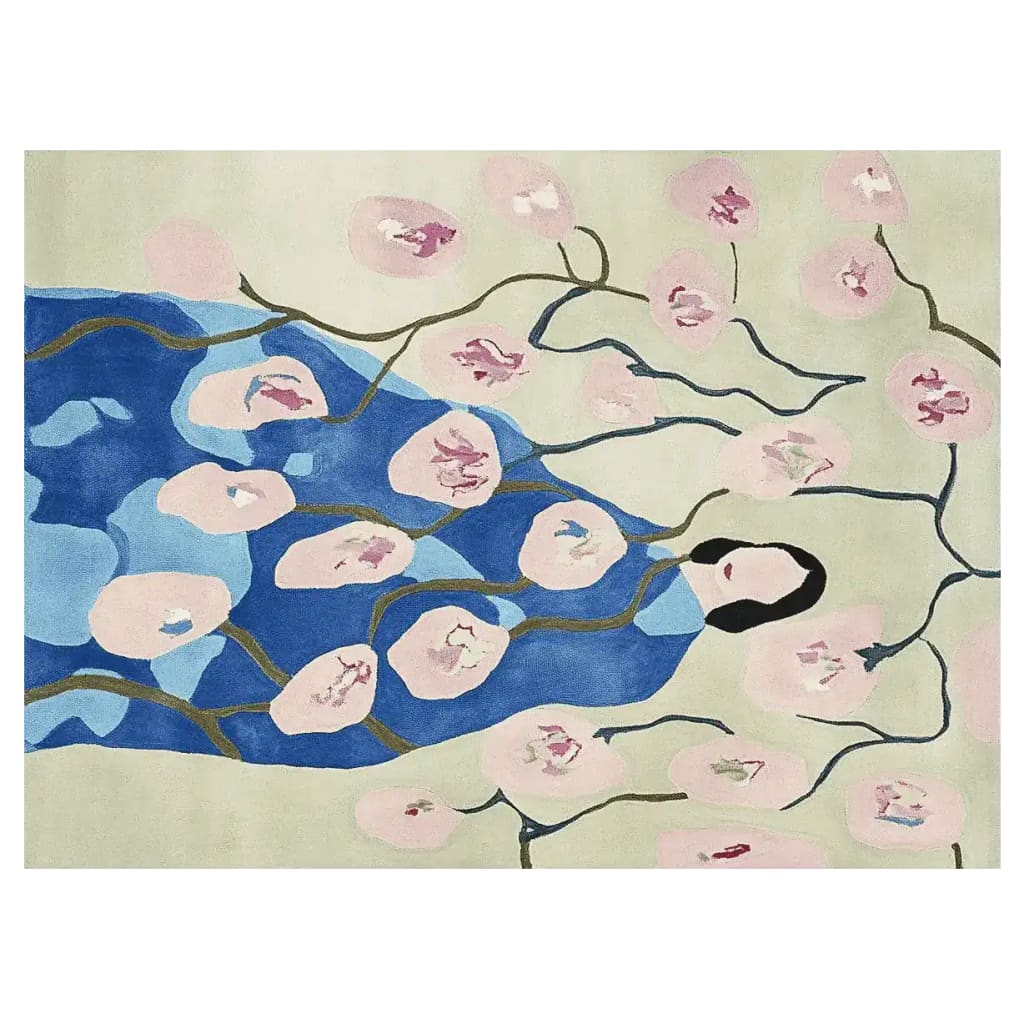 This contemporary area rug features a hand-tufted design with an artistic depiction of a serene figure surrounded by blossoming flowers, making it a perfect choice for large living room spaces. Crafted from high-quality wool, this rug adds elegance and a touch of nature-inspired beauty to any living room area.