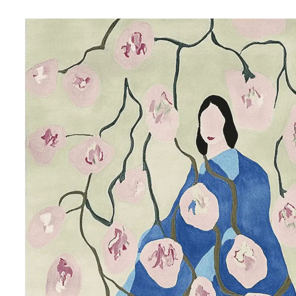 This Blossom Veil Muse hand-tufted area rug features an abstract design with soft pink flowers and a figure in blue robes, perfect for adding a contemporary touch to large living rooms. Crafted from high-quality wool, this rug combines elegance and comfort for any living room area.