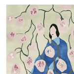 This Blossom Veil Muse hand-tufted area rug features an abstract design with soft pink flowers and a figure in blue robes, perfect for adding a contemporary touch to large living rooms. Crafted from high-quality wool, this rug combines elegance and comfort for any living room area.