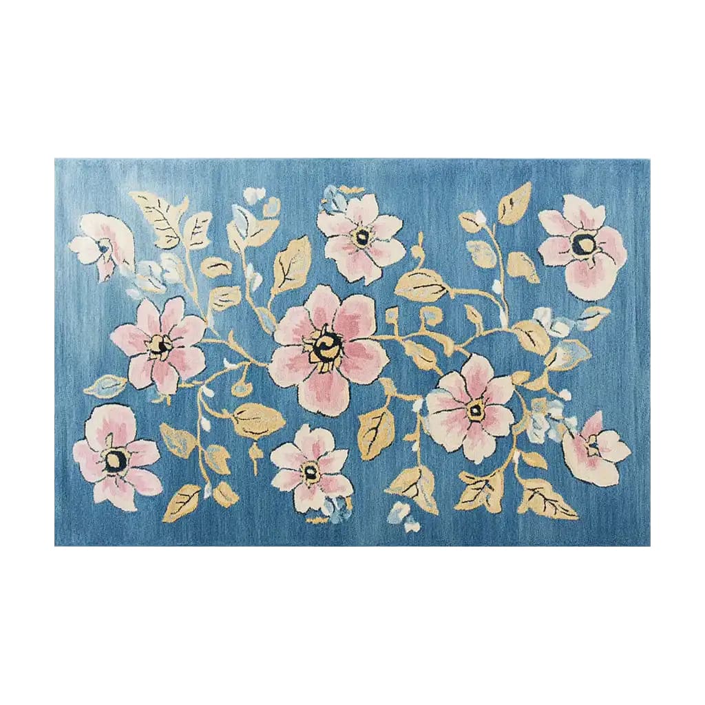 Beautiful Blossom Vine Tapestry Hand Tufted Wool Area Rug featuring a vibrant floral pattern with pink flowers and golden leaves on a blue background, adding a touch of elegance to any room.