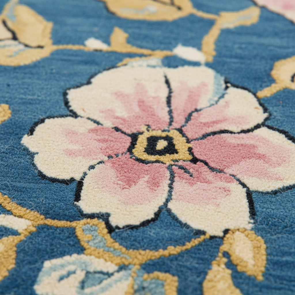 Close-up of a floral patterned rug with pink flowers on a blue background