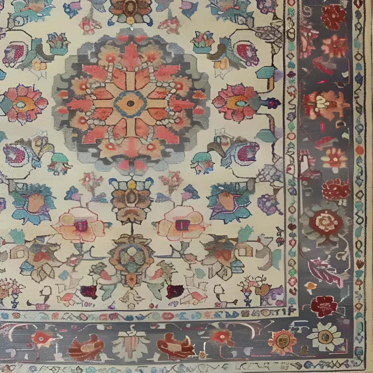 A beautifully intricate Blossom Vista hand knotted area rug featuring a detailed floral pattern reminiscent of Persian rugs. This vintage rug showcases vibrant colors and elaborate borders, perfect for adding elegance to any living room space.