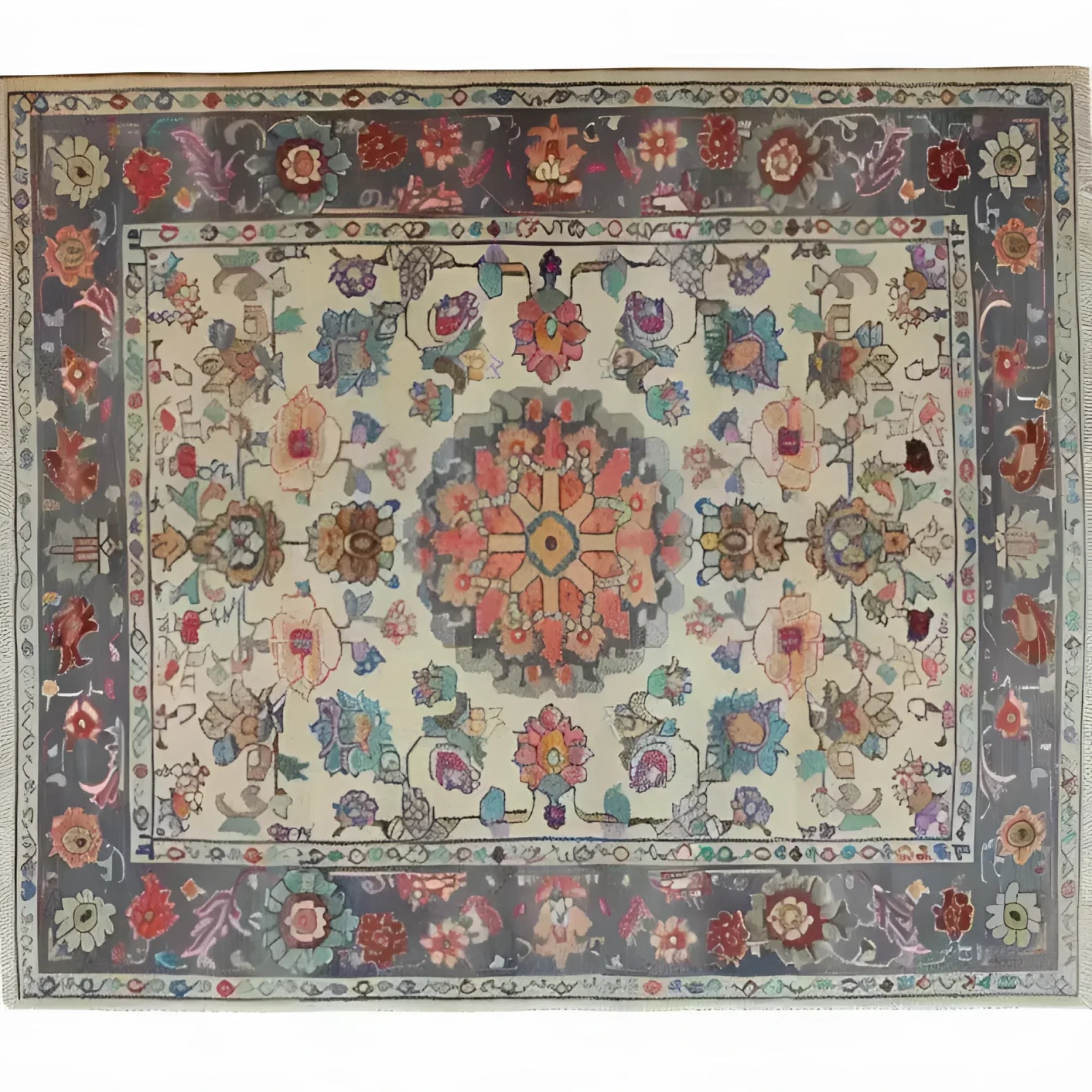 Blossom Vista Hand Knotted Area Rug showcasing intricate floral patterns and a central medallion design, perfect for adding a touch of elegance to your living room. This vintage Persian-style rug features a rich color palette with detailed craftsmanship, ideal for those seeking a classic floral rug.