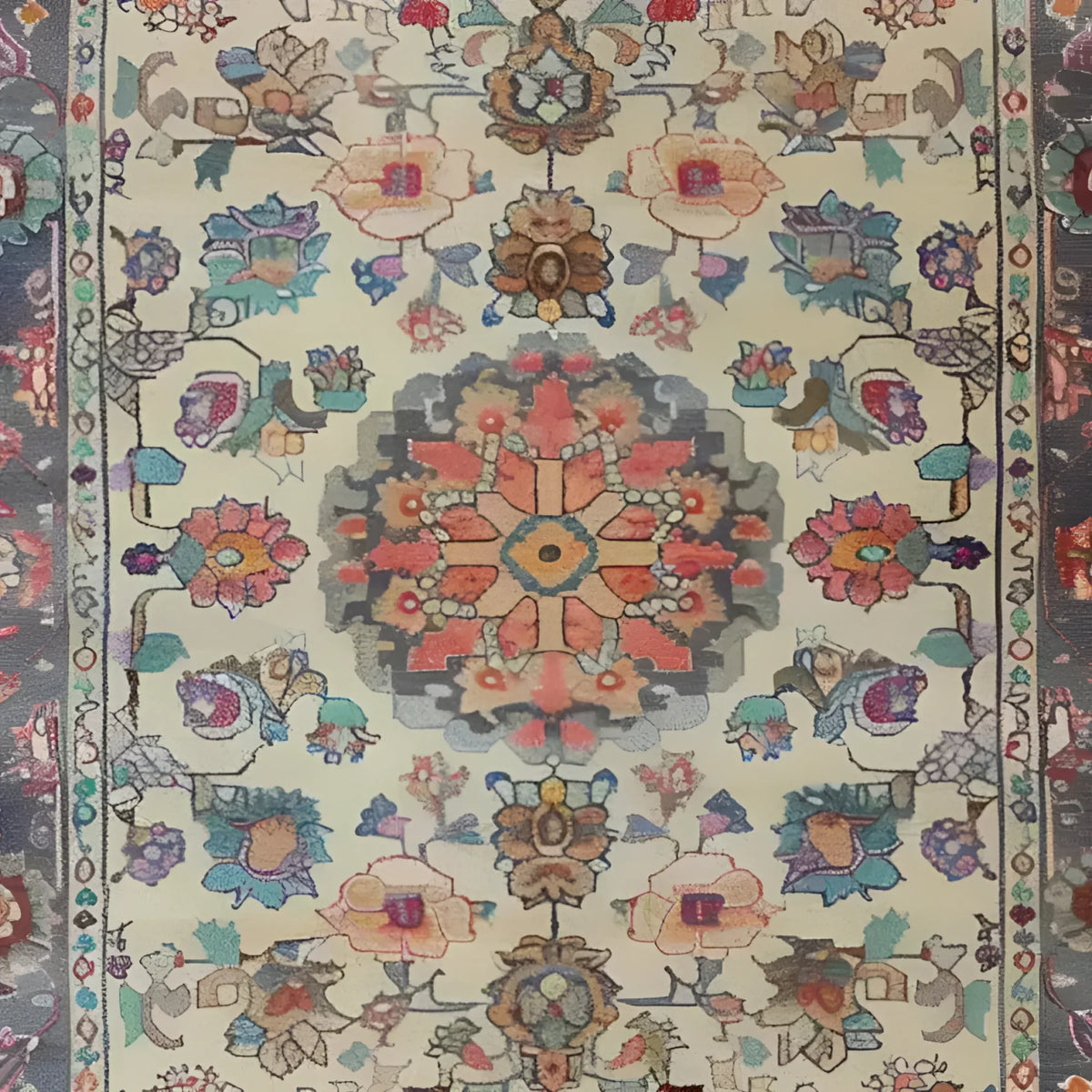 Blossom Vista Hand Knotted Area Rug featuring an intricate floral pattern reminiscent of Persian rugs. This vintage rug design showcases vibrant flowers in shades of red, blue, and beige, perfect for adding elegance to living room spaces.