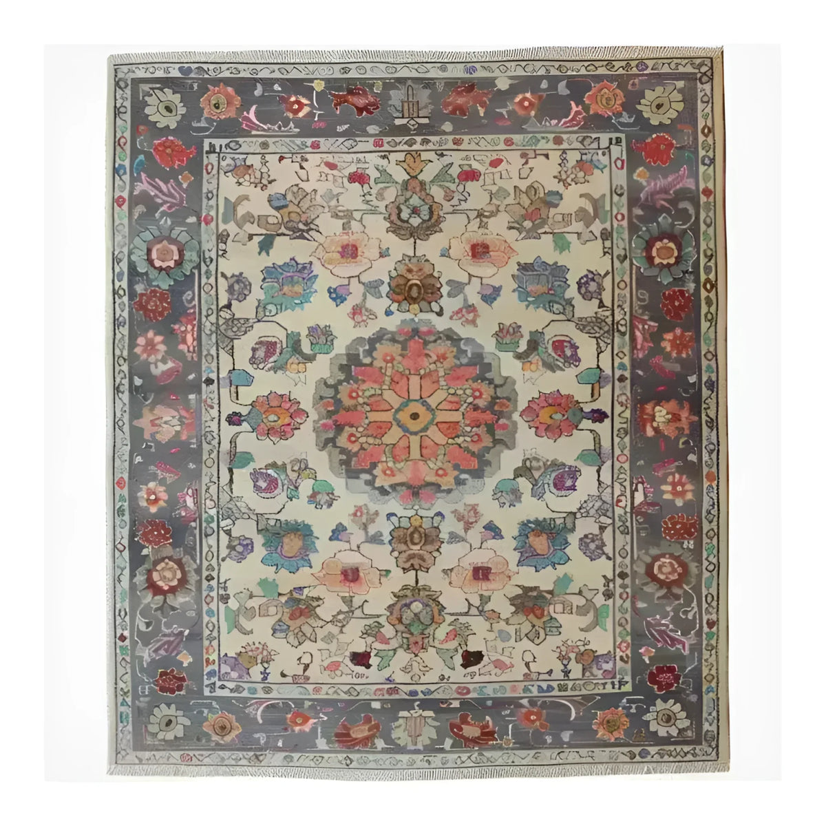 Vibrant Blossom Vista Hand Knotted Area Rug showcasing an intricate floral pattern with a central medallion design, surrounded by colorful flowers and ornate detailing. The rich colors and traditional motifs make this area rug a captivating centerpiece for any room.