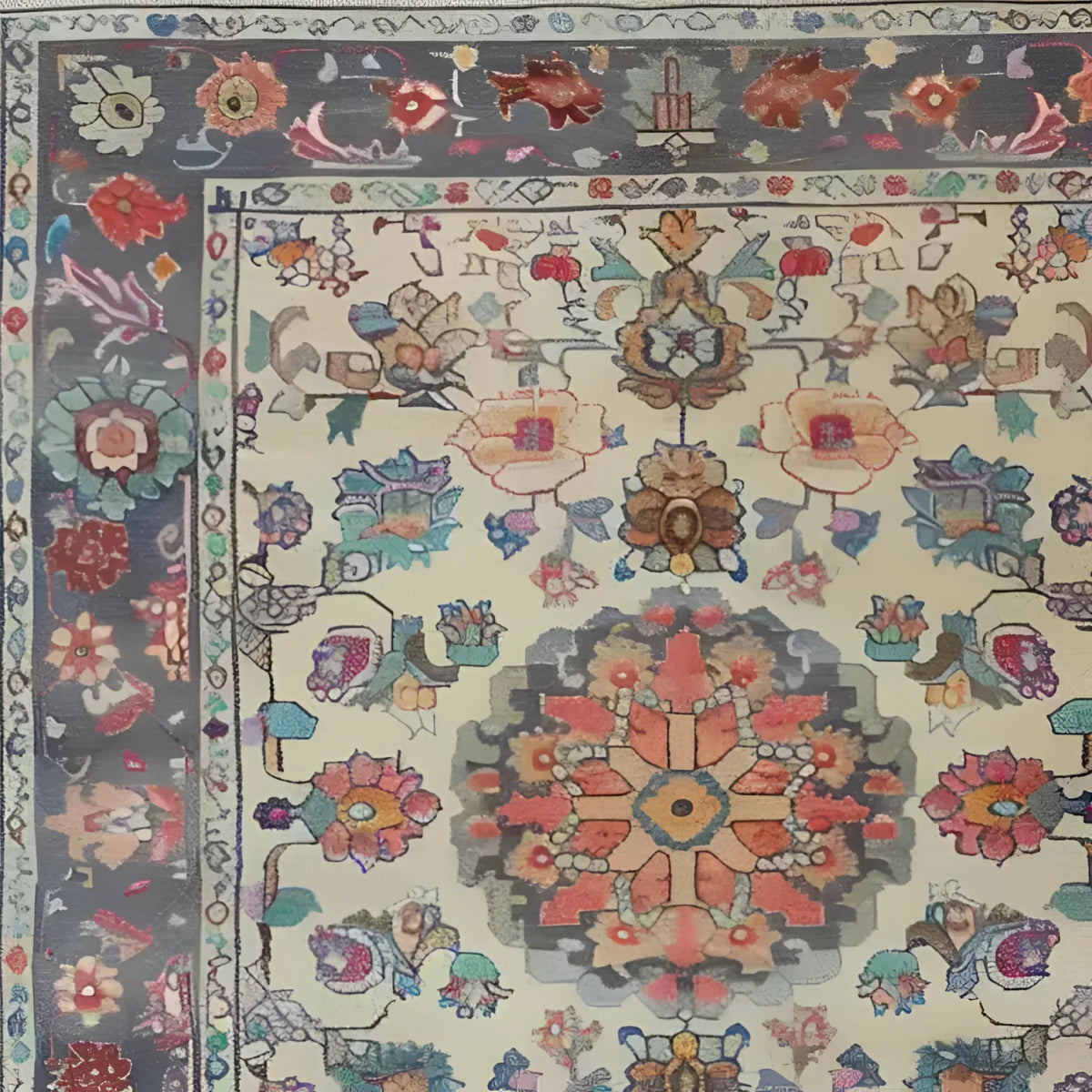 Close-up of the Blossom Vista Hand Knotted Area Rug showcasing its intricate floral patterns and vibrant colors, perfect for adding a touch of elegance to any living room. This vintage-inspired Persian rug features detailed blooms in a harmonious blend of hues, ideal for those seeking a stylish floral rug.