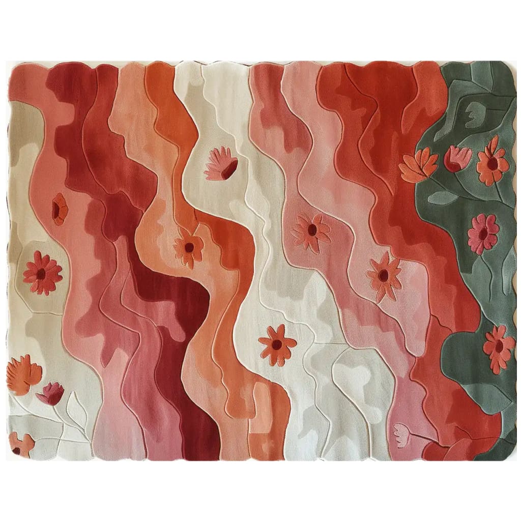 Top view of the Blossom Waves Hand Tufted Wool Rug, showcasing its vibrant abstract design with flowing waves in shades of red, orange, and pink, accented by floral patterns. This area rug adds artistic flair and warmth to any room.
