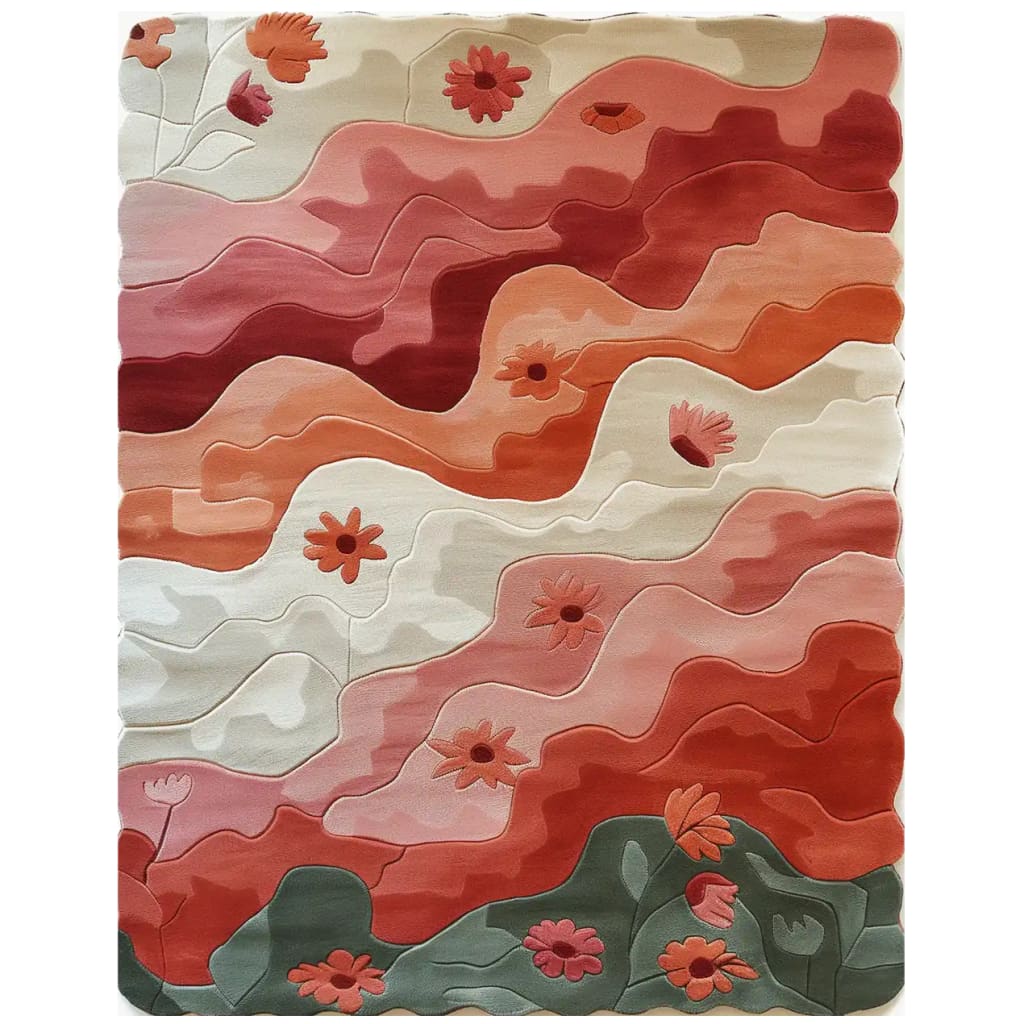 Vibrant Blossom Waves area rug featuring hand-tufted wool with abstract floral design in shades of red, pink, and orange, creating a warm and inviting look.
