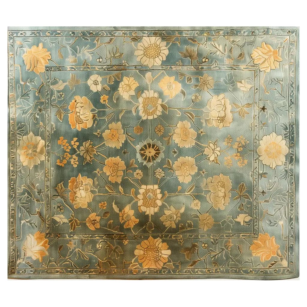 Top view of the Blossoming Elegance Hand Tufted Wool Rug showcasing intricate floral patterns on a soothing blue background, ideal for enhancing any living space.