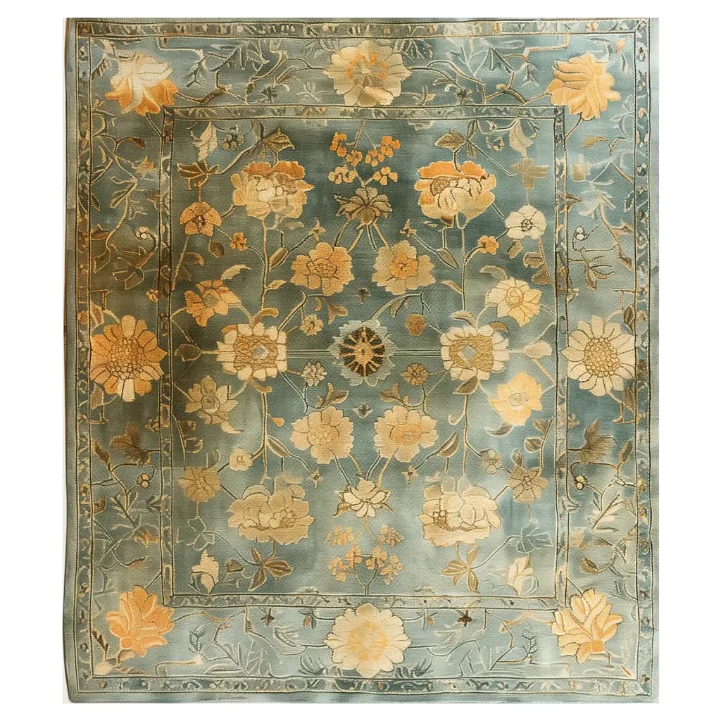 Top view of the Blossoming Elegance Hand Tufted Wool Rug, showcasing intricate floral patterns in soft hues on a luxurious area rug.