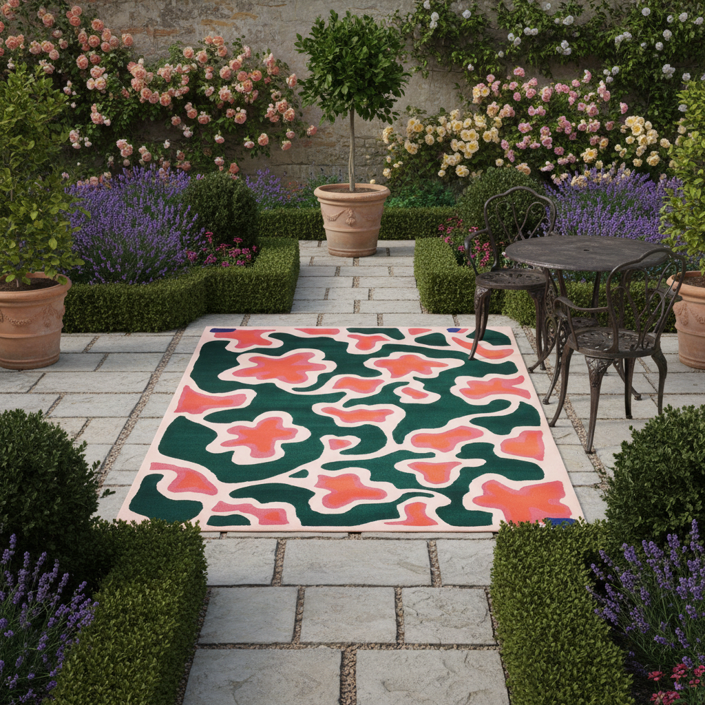 Camouflage-patterned rug on a stone patio with garden decor