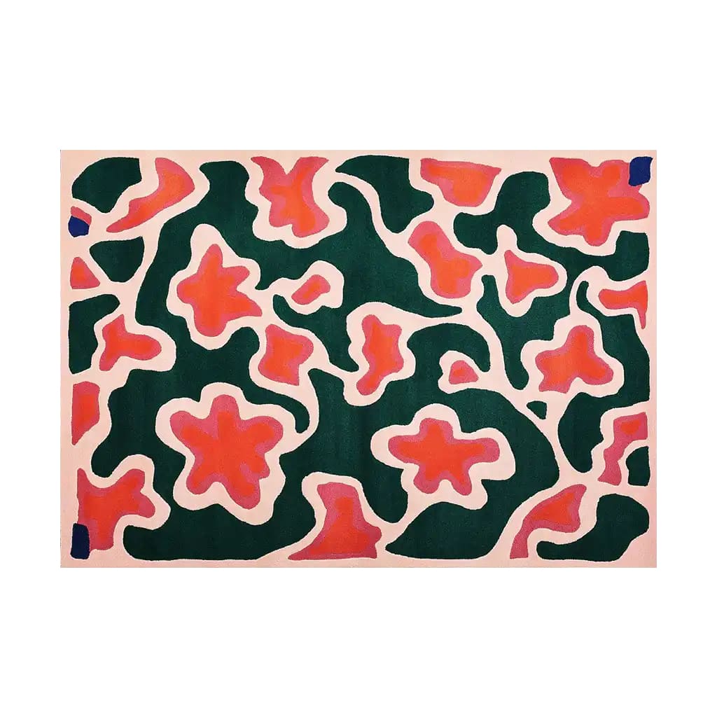 Top view of the Blossoming Garden Harmony Hand Tufted Wool Area Rug featuring abstract floral patterns in vibrant green and coral hues, creating a lively and artistic centerpiece for any room.