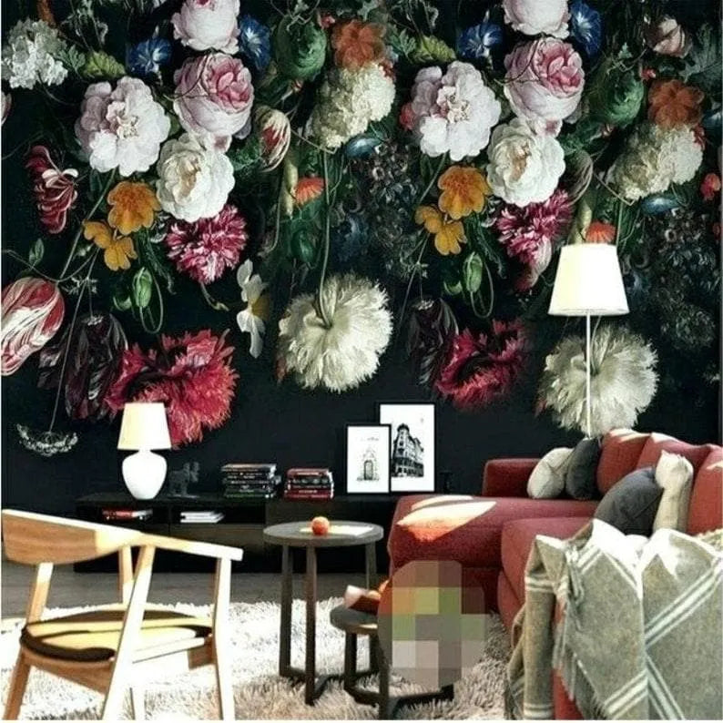 Blossoming Oversized Roses on Black Wallpaper