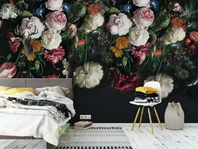 Blossoming Oversized Roses on Black Wallpaper