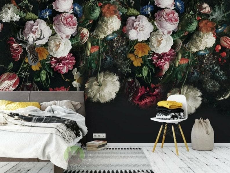 Blue and White Watercolor Abstract Floral Wallpaper Blossoming Oversized Roses on Black Wallpaper Blossoming Oversized Roses on Black Wallpaper 