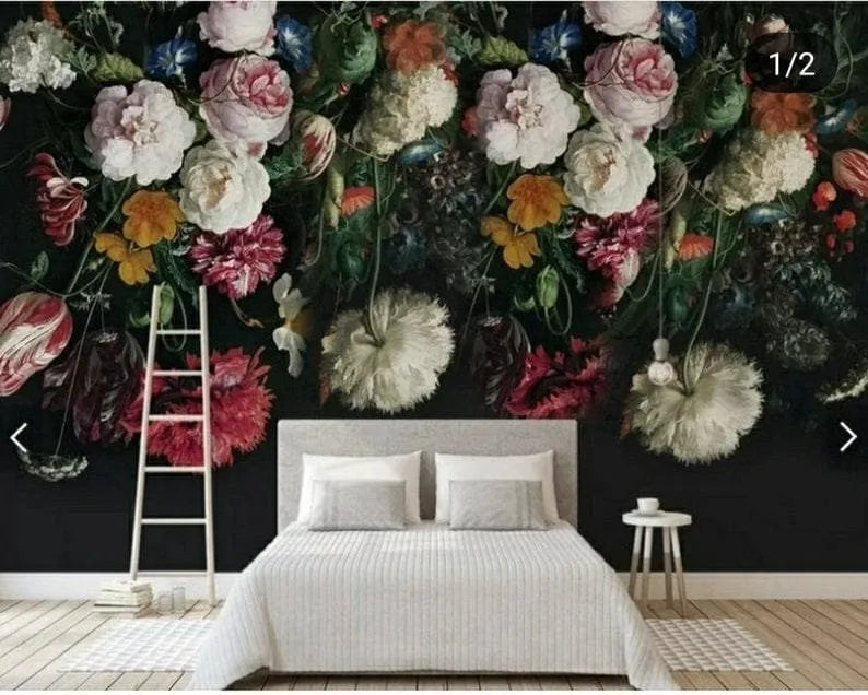 Blossoming Oversized Roses on Black Wallpaper