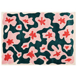 Vibrant area rug featuring a bold abstract design with pink and red floral patterns set against a deep teal background, adding a touch of artistic flair to any room.