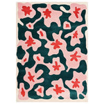 Vibrant Blossoming Teal Hand Tufted Wool Rug featuring an abstract floral design with bold red and soft pink shapes against a deep teal background. This eye-catching area rug adds a splash of color and style to any room.