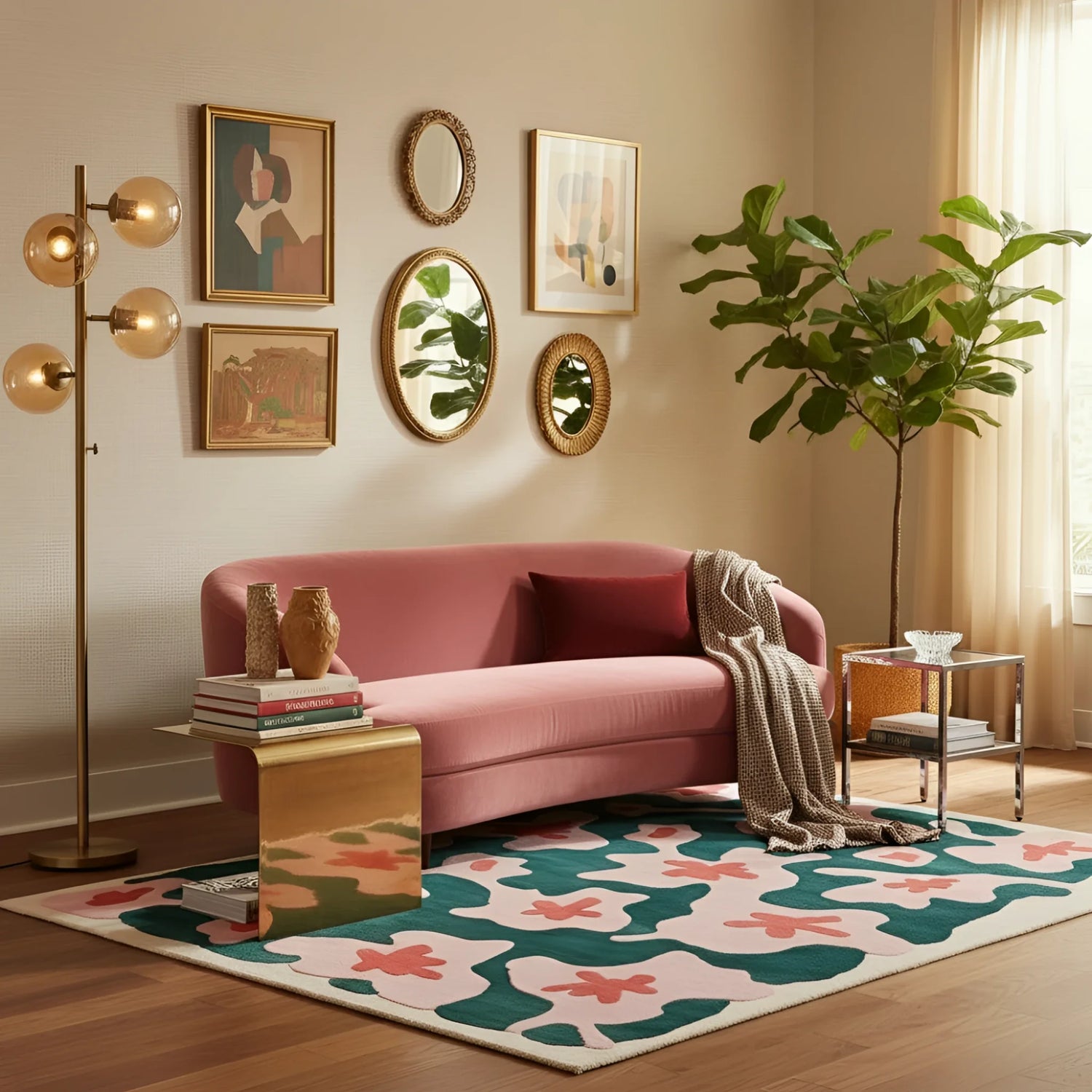 Modern living room with a pink sofa, decorative mirrors, and a colorful rug.
