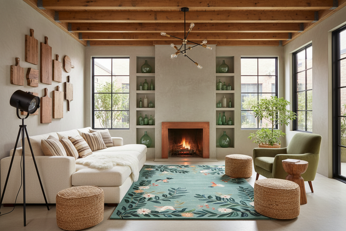 Modern living room with white sofa, green rug, and wooden beams.