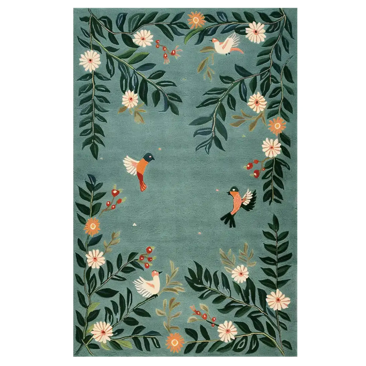 A beautifully designed area rug featuring a nature-inspired pattern with birds and flowers on a soft blue background. Intricate details of leaves and blossoms create a harmonious and inviting look, perfect for adding a touch of elegance to any room.