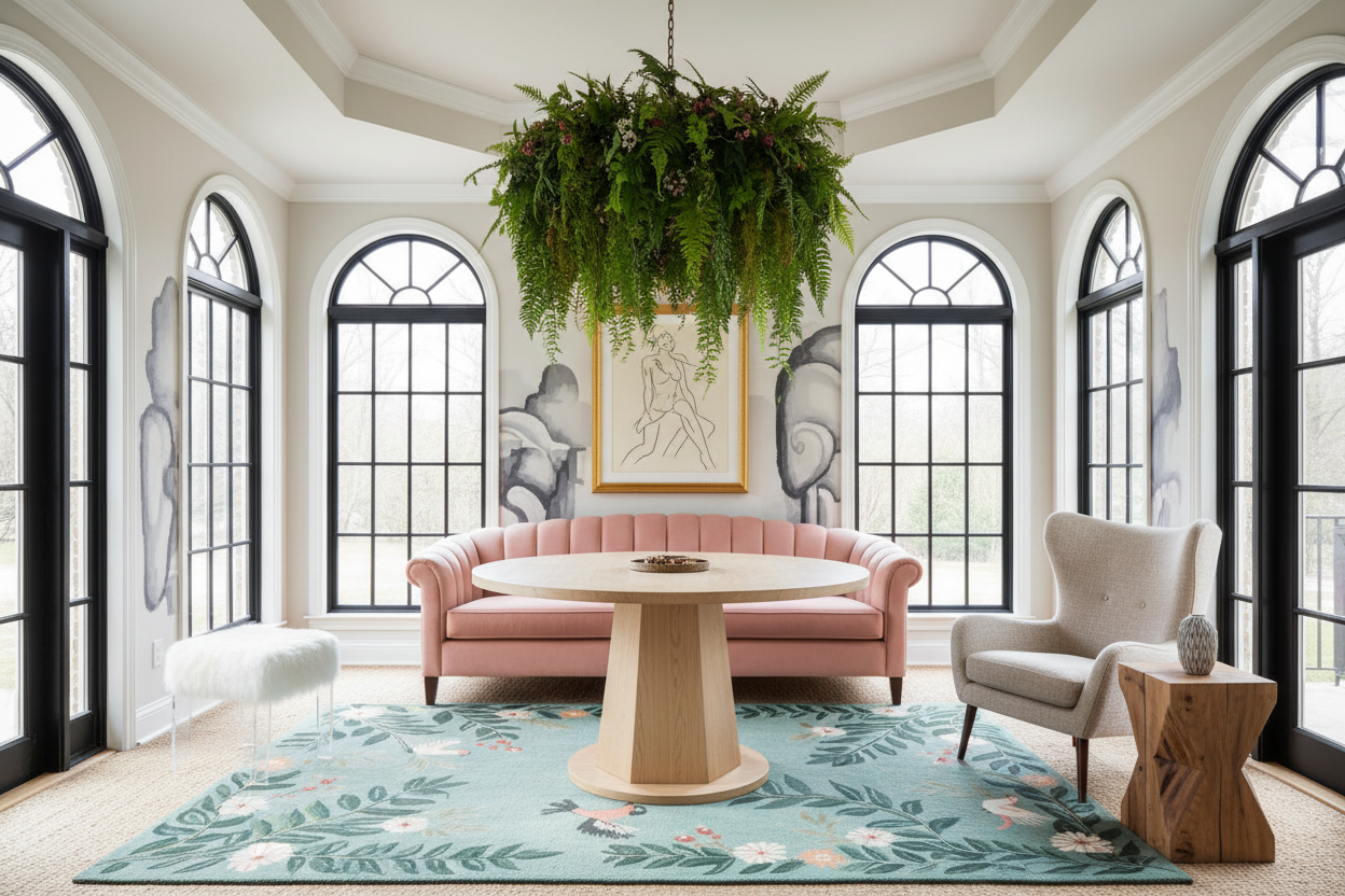 Modern living room with pink sofa, round table, and decorative rug.