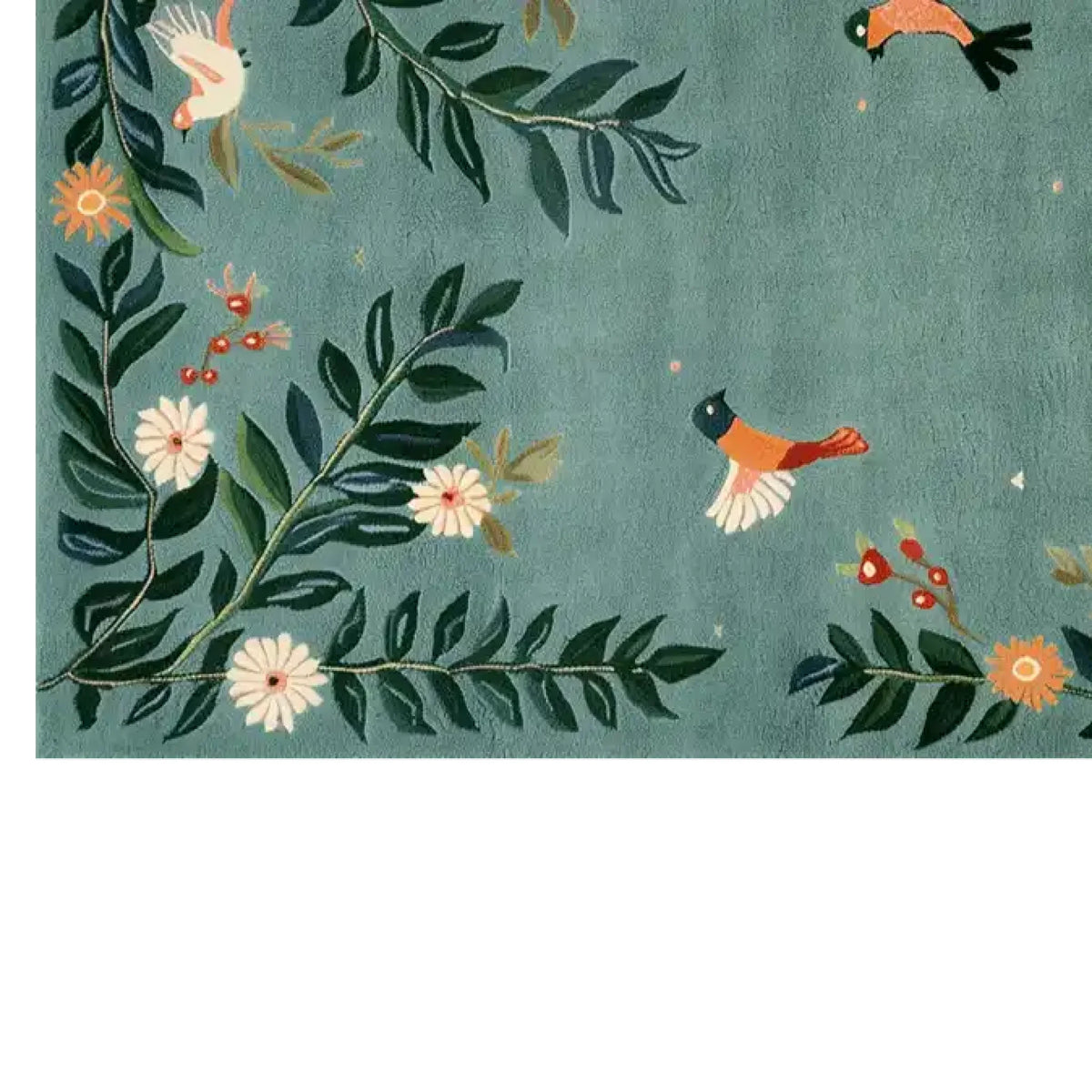 A beautifully designed area rug featuring birds and floral patterns on a soft turquoise background. The intricate knotted wool texture highlights the vibrant colors of the flowers and leaves, creating a lively and inviting atmosphere.