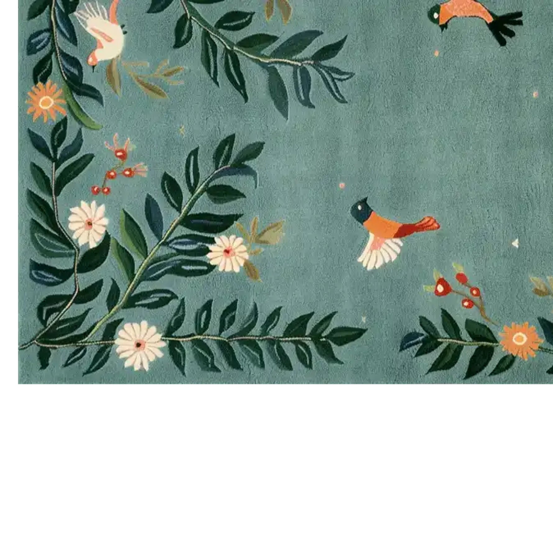 A beautifully designed area rug featuring birds and floral patterns on a soft turquoise background. The intricate knotted wool texture highlights the vibrant colors of the flowers and leaves, creating a lively and inviting atmosphere.