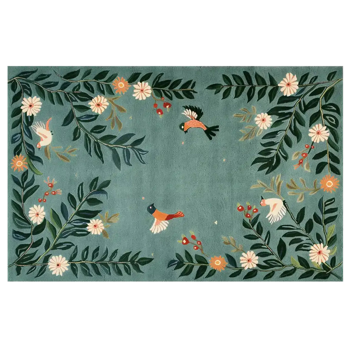 A vibrant area rug featuring a whimsical design of birds and flowers against a soft green background. The Blossoming Winged Haven Knotted Wool Rug showcases intricate floral patterns with colorful birds in flight, creating a lively and inviting atmosphere.
