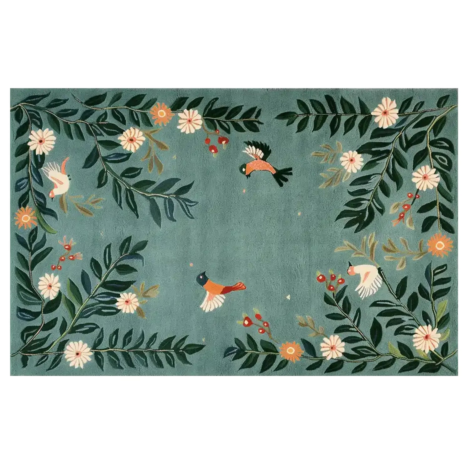 A vibrant area rug featuring a whimsical design of birds and flowers against a soft green background. The Blossoming Winged Haven Knotted Wool Rug showcases intricate floral patterns with colorful birds in flight, creating a lively and inviting atmosphere.