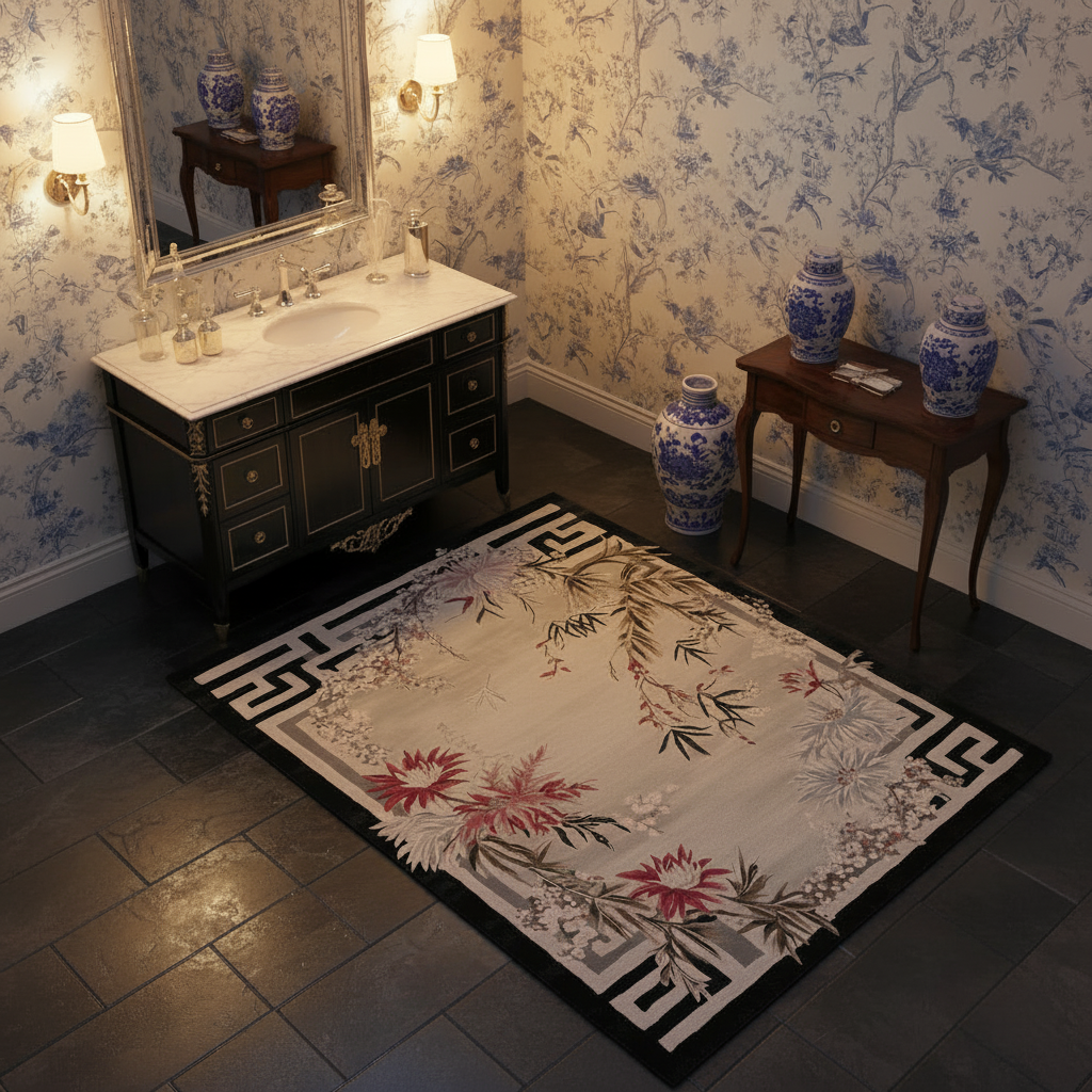 Decorative rug with floral pattern in a room with floral wallpaper and furniture.