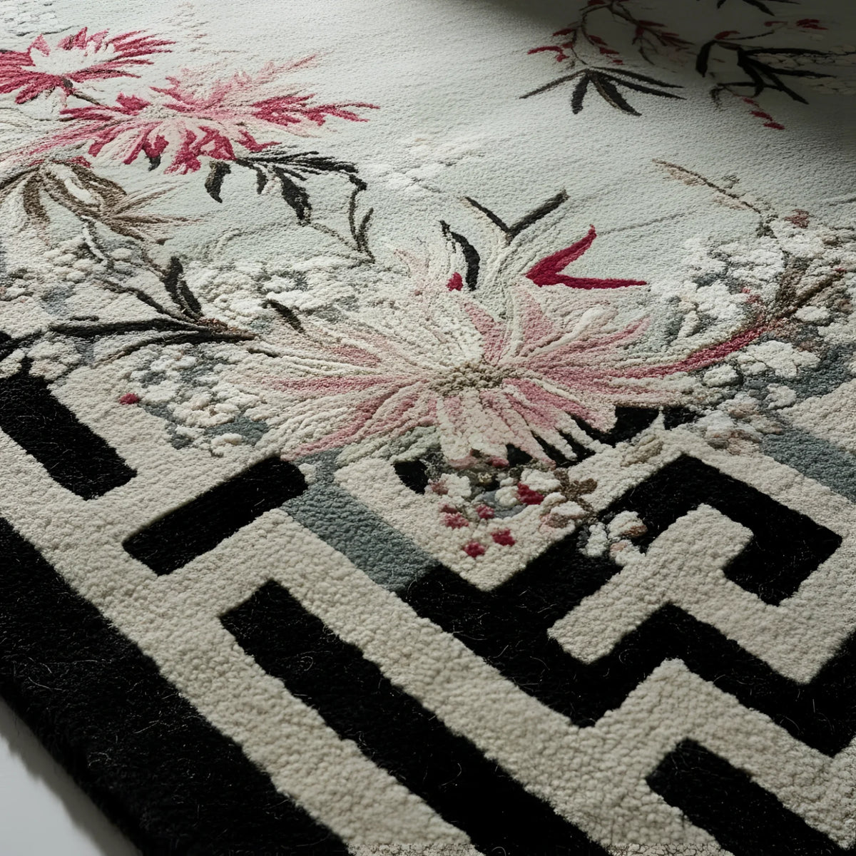 Close-up of a floral tufted rug with geometric patterns