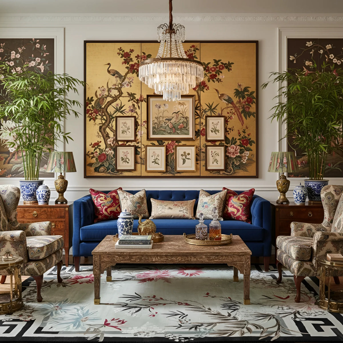 Decorative living room with floral wall art, blue sofa, a chinoiserie hand-tufted wool rug, and ornate furniture.