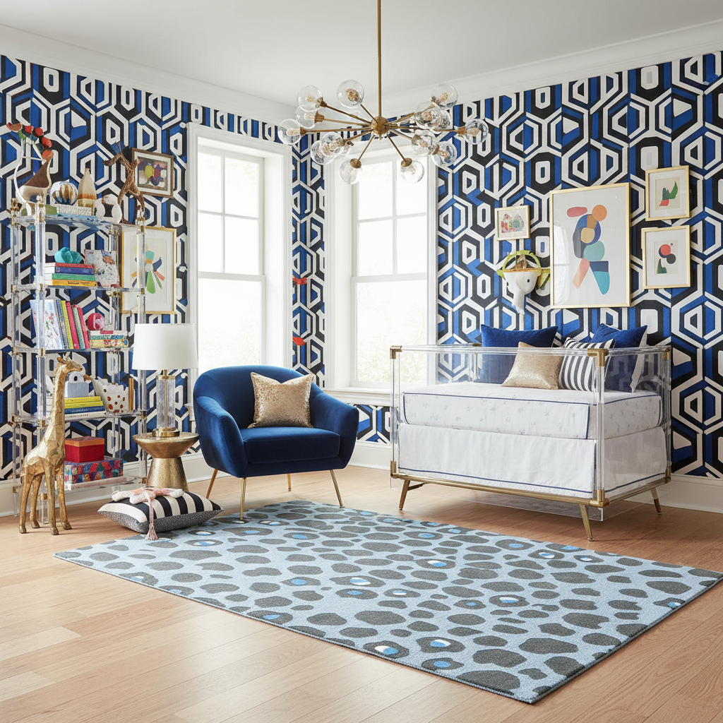 Modern nursery with blue armchair, crib,  a blue animal pattern wool rug, and geometric wallpaper