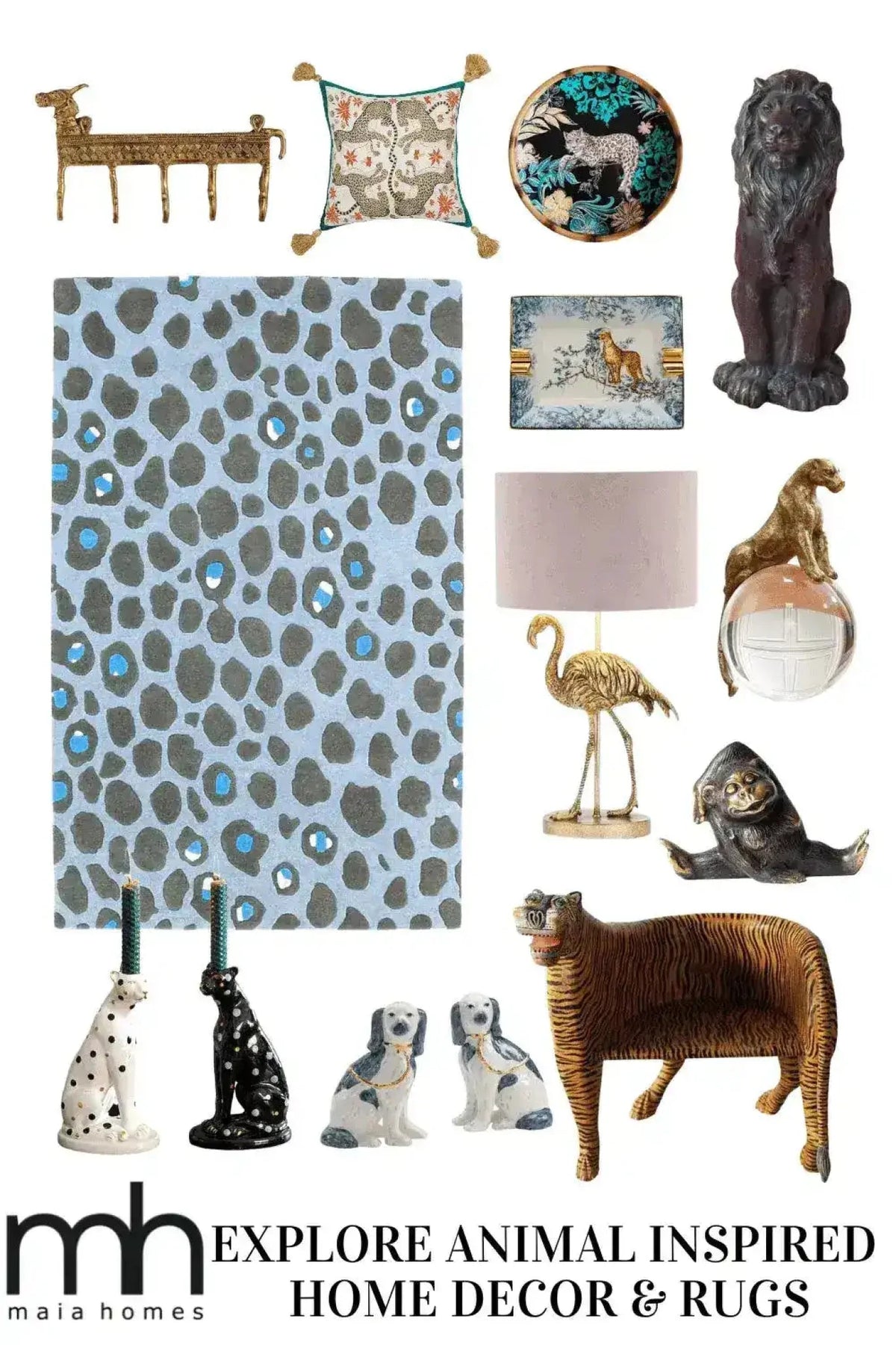 This image showcases a Blue and Black Leopard Print Hand Tufted Wool Rug, ideal for adding a touch of elegance to any bedroom or living room. The abstract leopard pattern in blue and black on this large area rug creates a bold statement, perfect for those seeking stylish bedroom rugs or large area rugs for living room. Surrounding the rug are various animal-inspired home decor items, enhancing the theme.
