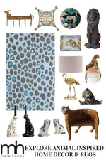 This image showcases a Blue and Black Leopard Print Hand Tufted Wool Rug, ideal for adding a touch of elegance to any bedroom or living room. The abstract leopard pattern in blue and black on this large area rug creates a bold statement, perfect for those seeking stylish bedroom rugs or large area rugs for living room. Surrounding the rug are various animal-inspired home decor items, enhancing the theme.