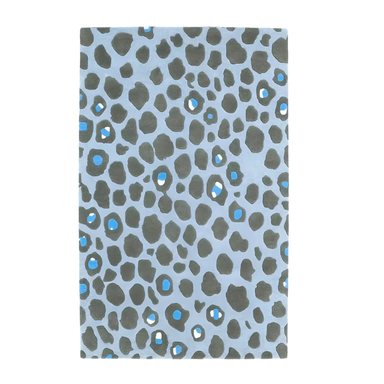 A stylish Blue and Black Leopard Print Hand Tufted Wool Rug, perfect for adding a touch of elegance to your Bedroom. This large area rug features a striking leopard pattern with blue accents, ideal for living rooms seeking a bold statement piece.
