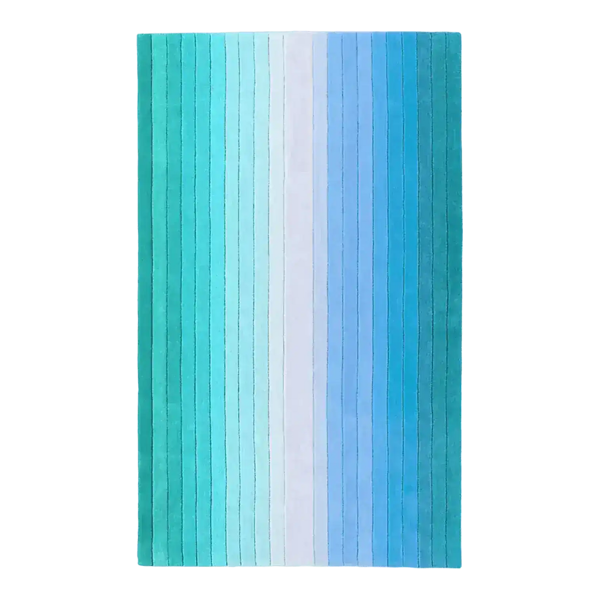 Top view of a Blue and Green Ombre Stripe Hand Tufted Wool Rug, perfect for adding a touch of elegance to your living room or dining room. This area rug features a gradient of colors transitioning from blue to green, ideal for placing under a dining table.