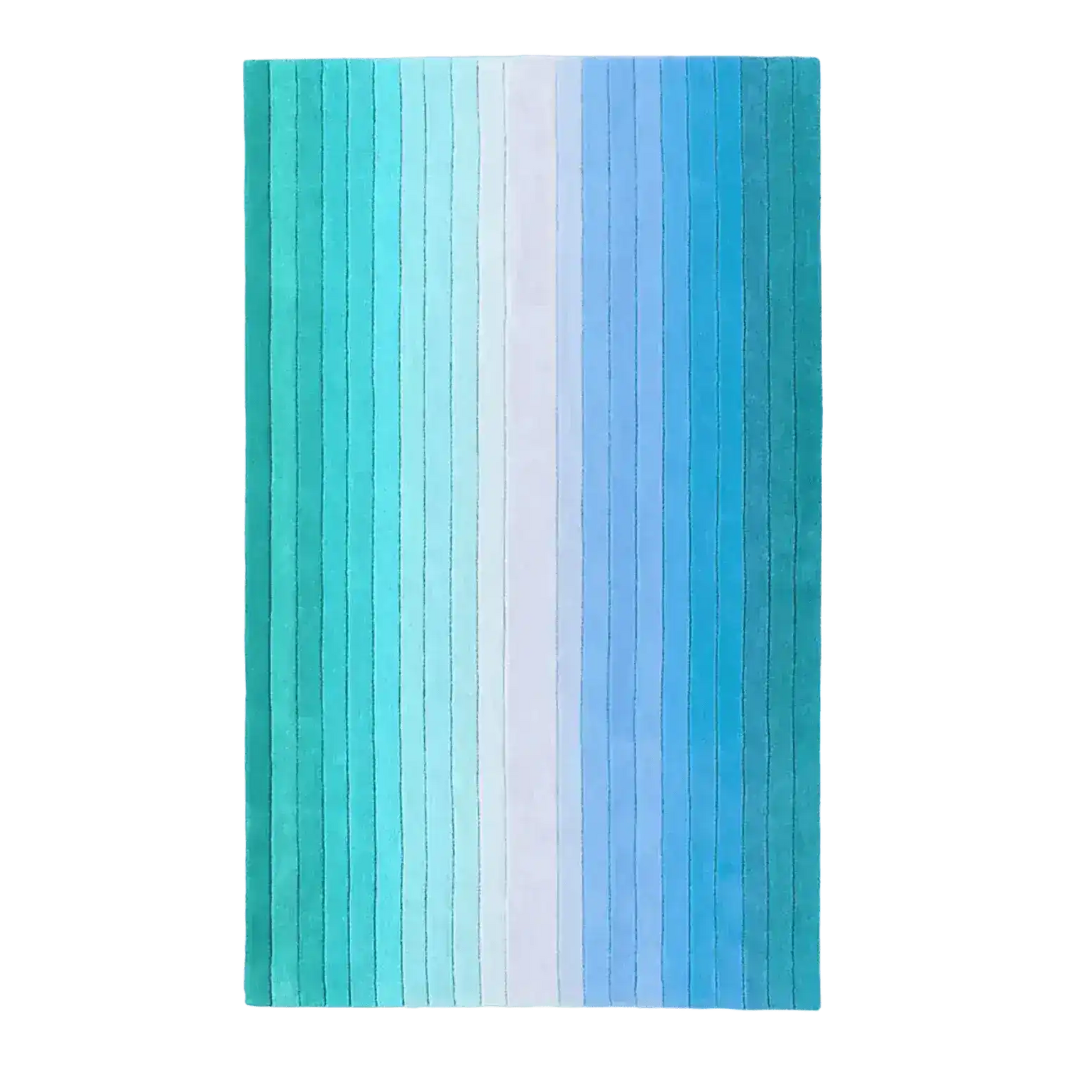 Top view of a Blue and Green Ombre Stripe Hand Tufted Wool Rug, perfect for adding a touch of elegance to your living room or dining room. This area rug features a gradient of colors transitioning from blue to green, ideal for placing under a dining table.