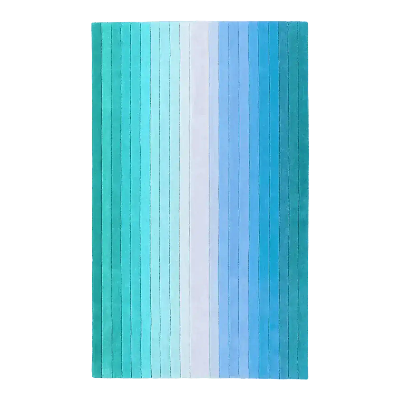 Top view of a Blue and Green Ombre Stripe Hand Tufted Wool Rug, perfect for adding a touch of elegance to your living room or dining room. This area rug features a gradient of colors transitioning from blue to green, ideal for placing under a dining table.