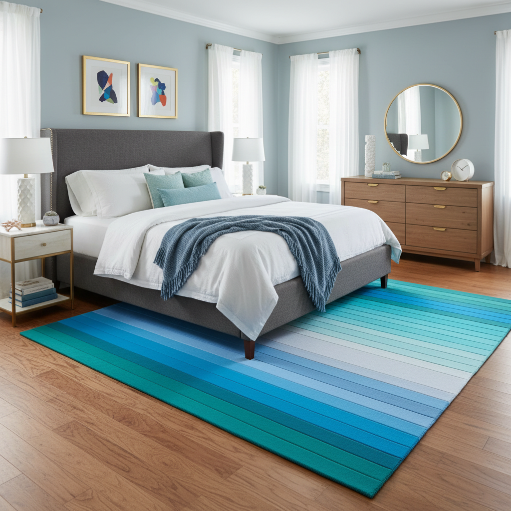 Modern bedroom with a blue striped rug, bed, and dresser.